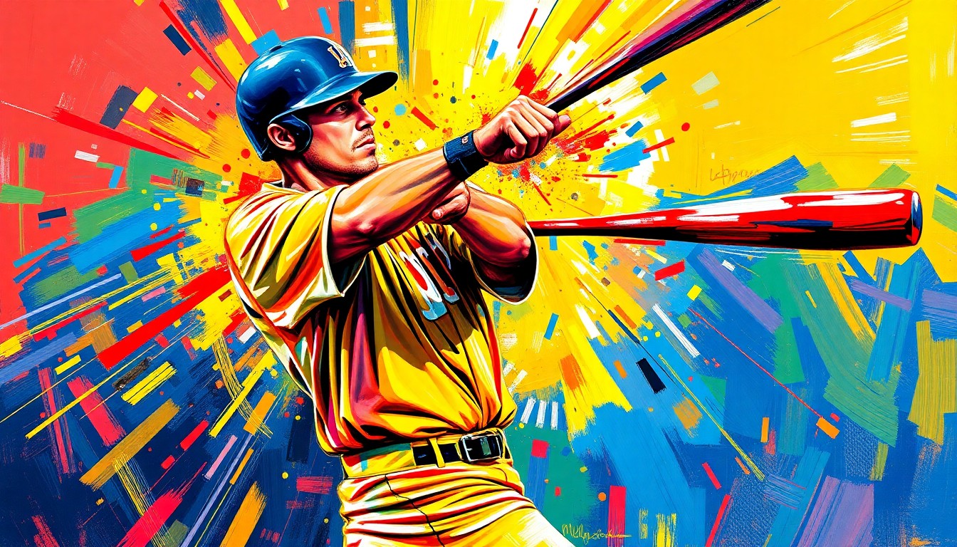 An abstract, energetic painting in neon colors depicting the dramatic fracturing and splintering of a baseball bat, conceptually representing the technical malfunction during the unveiling of a statue honoring a beloved sports icon.