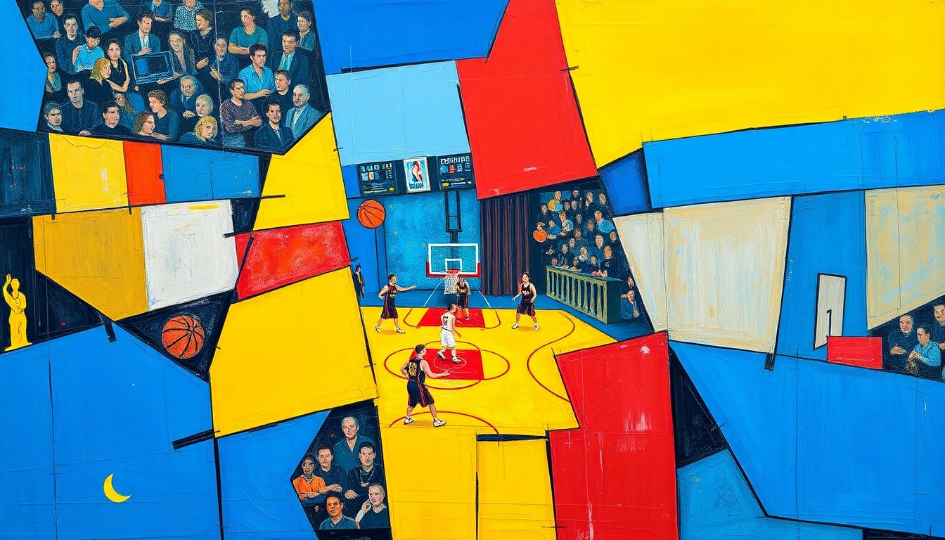 A cubist, geometric painting depicting overlapping basketball players and court lines in a vibrant color palette, conceptually representing the complex playoff scenarios facing the Denver Nuggets.