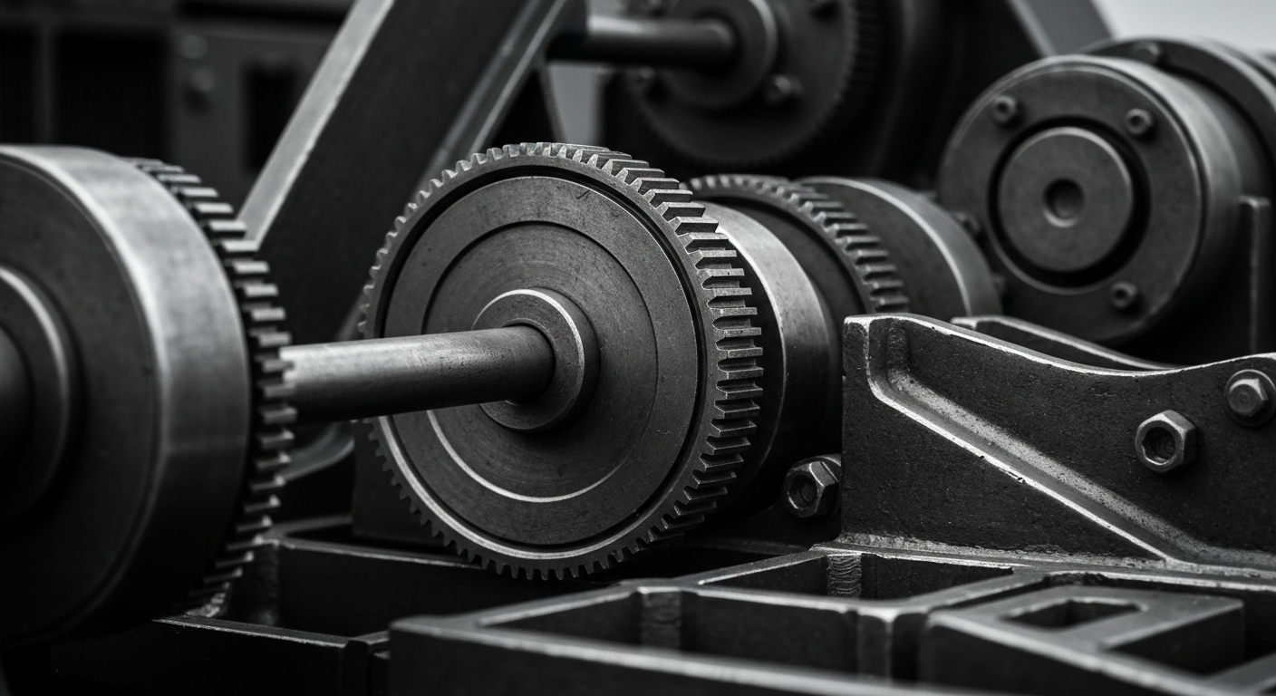 An extreme close-up of the gears, levers, and metal components of a large, industrial banking machine, conveying a sense of the heavy, physical infrastructure underlying the financial industry.