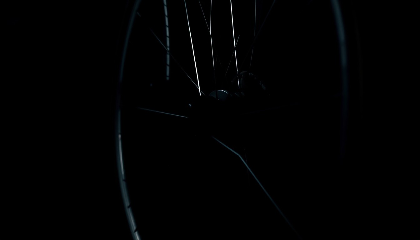 An extreme close-up photograph of a bicycle tire and wheel rim, partially obscured by shadows, against a pitch-black background, conveying the gritty, investigative nature of the crime scene.