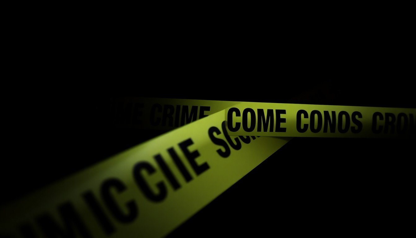 An extreme close-up photograph of yellow and black police crime scene tape against a pitch-black background, conveying a sense of urgency and investigation around an unspecified incident.