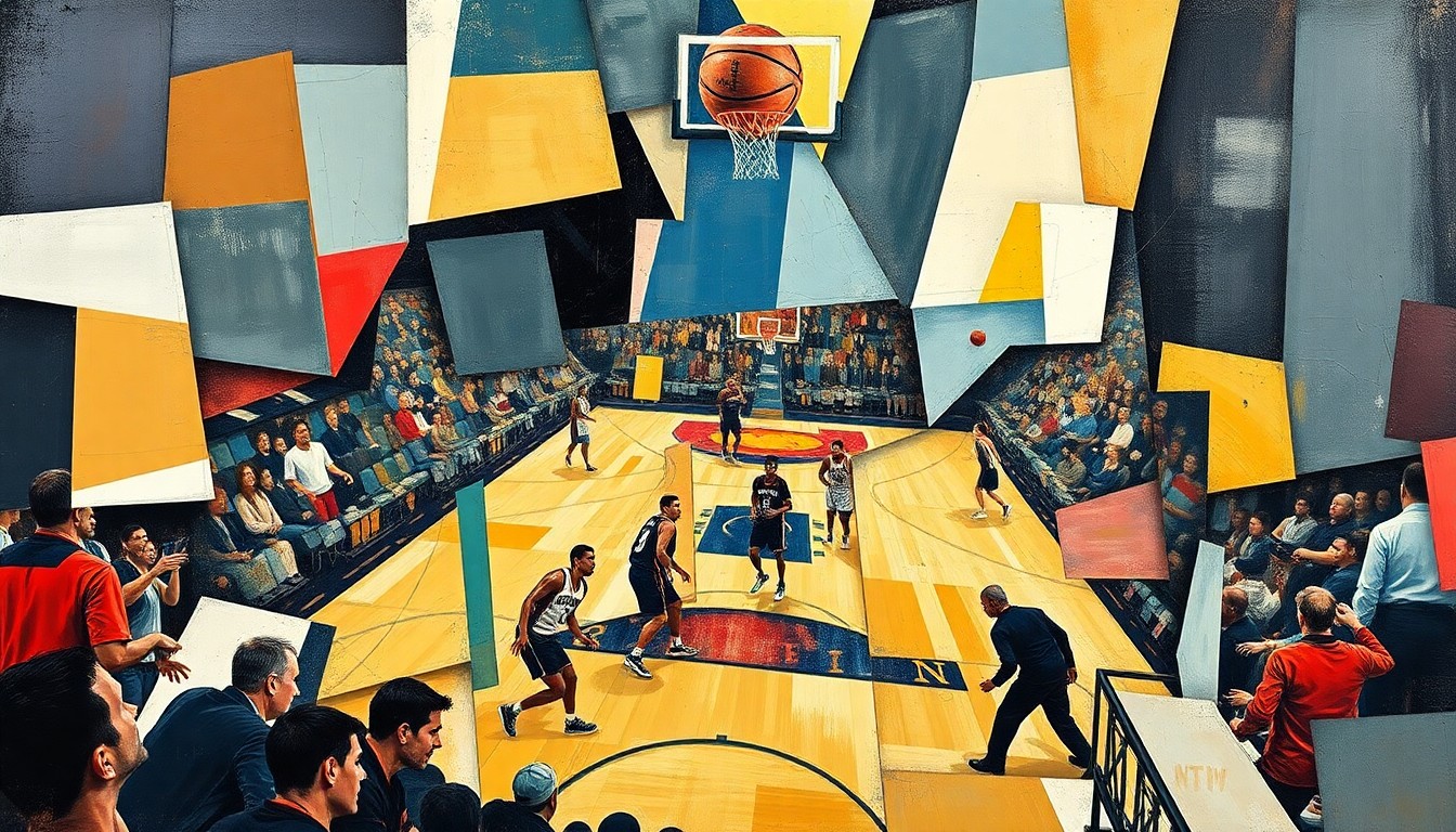 A cubist, geometric painting depicting a basketball game in motion, with sharp, overlapping planes of color and form representing the different aspects of the players' performances and the debate around the Rookie of the Year award.