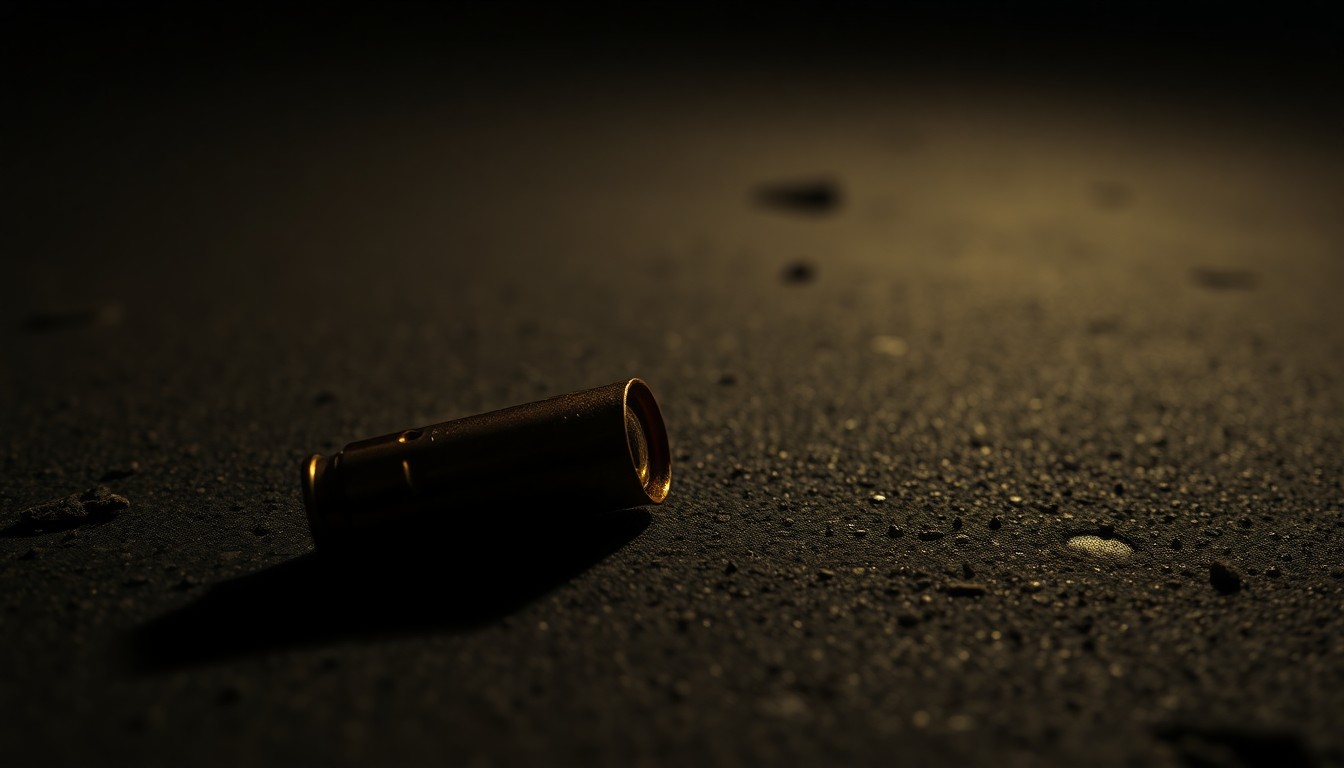 An extreme close-up photograph of a single spent shell casing on a dark concrete surface, lit by a harsh, direct camera flash, conceptually representing the physical evidence left behind at a crime scene.
