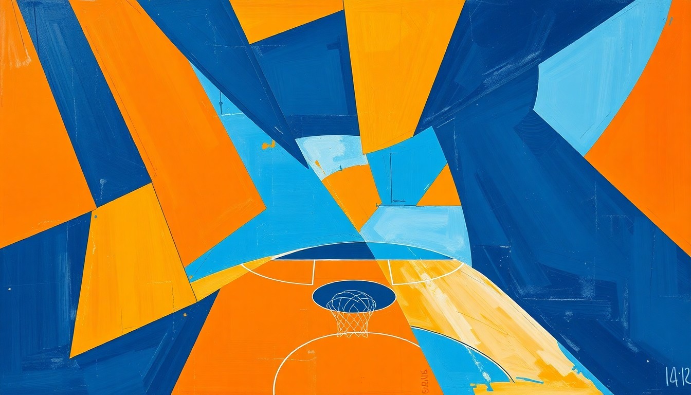 A fragmented, cubist-style painting depicting a WNBA basketball game, with overlapping geometric shapes and planes in navy, sky blue, and orange, conveying the dynamic energy and shifting fortunes of the Chicago Sky's roster changes.
