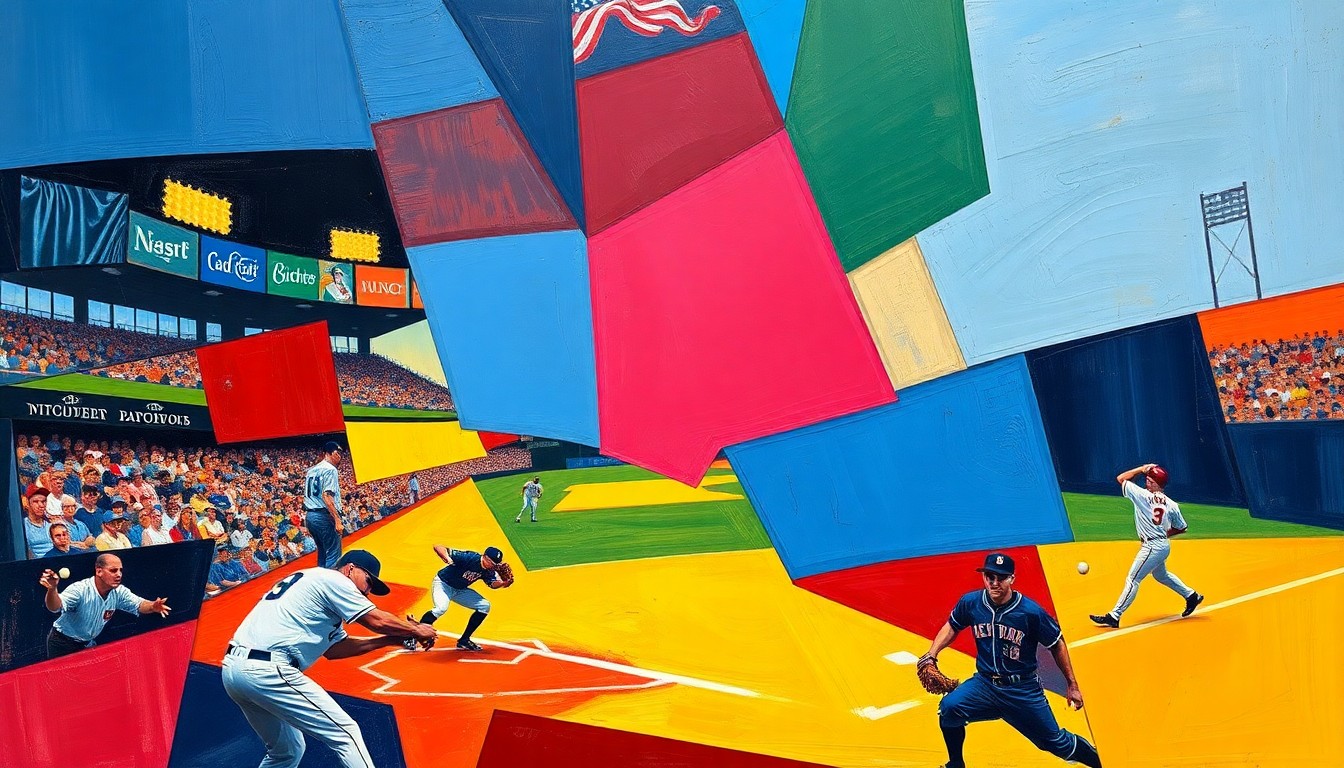 A cubist-style painting depicting a baseball game or players' actions broken down into sharp, overlapping geometric shapes and planes in a vibrant color palette of navy, red, and yellow, conveying the disjointed nature of the Cubs' struggling offense.
