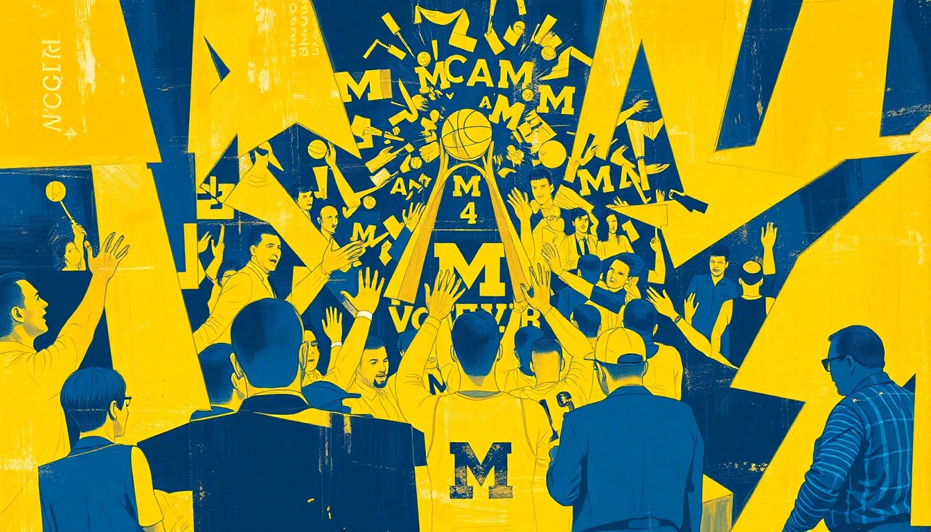 A fractured, geometric painting in shades of blue and yellow, depicting the chaotic energy and overlapping perspectives of a championship parade celebration.