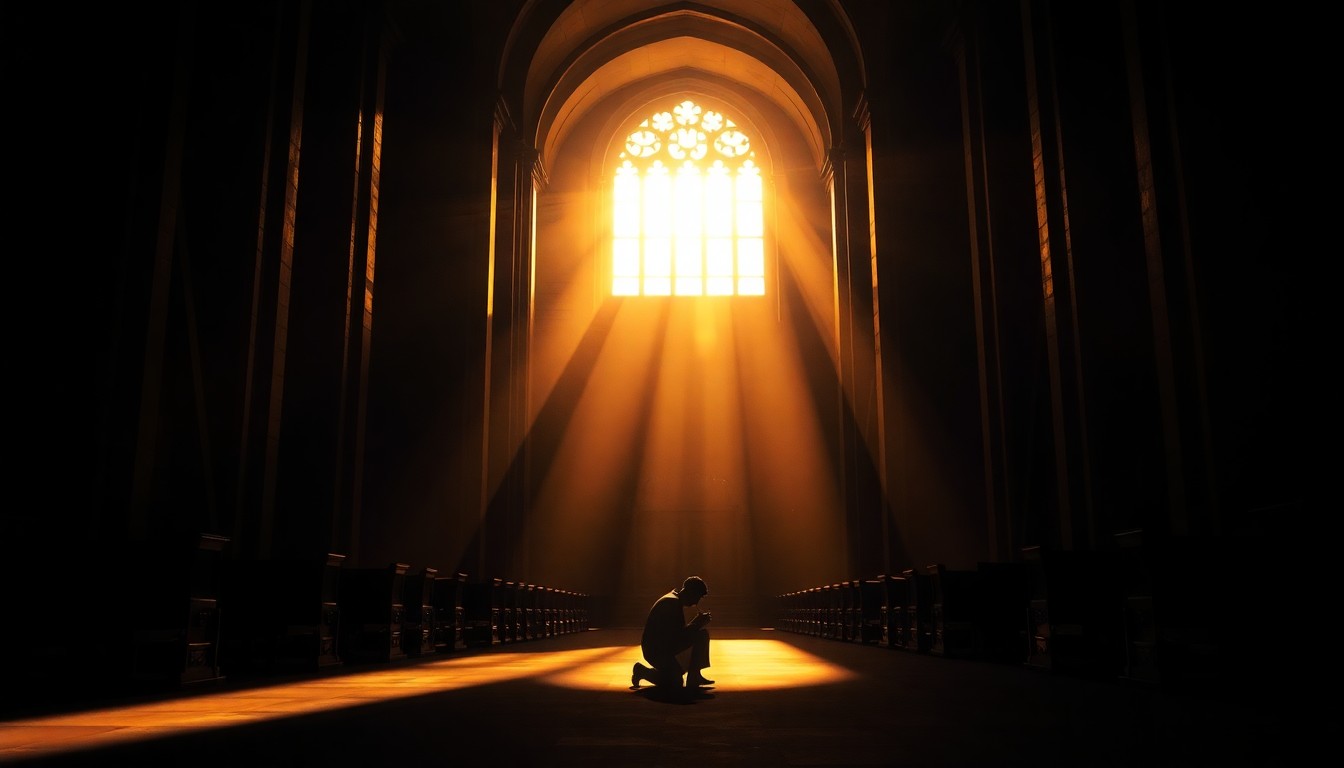 A dimly lit cathedral interior with a single figure kneeling in prayer, the space bathed in warm, diagonal sunlight and deep shadows, conveying a sense of solemnity and contemplation in the face of global conflict.