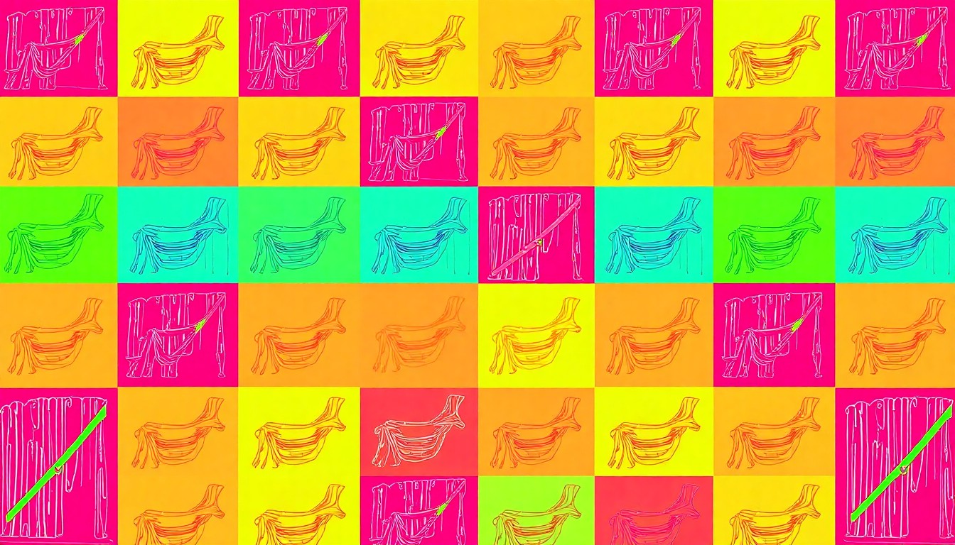 A brightly colored, high-contrast silkscreen print of a wooden fence post repeated in a tight grid pattern, utilizing flat, vibrant neon colors and heavy black outlines to transform a rural icon into modern pop art.