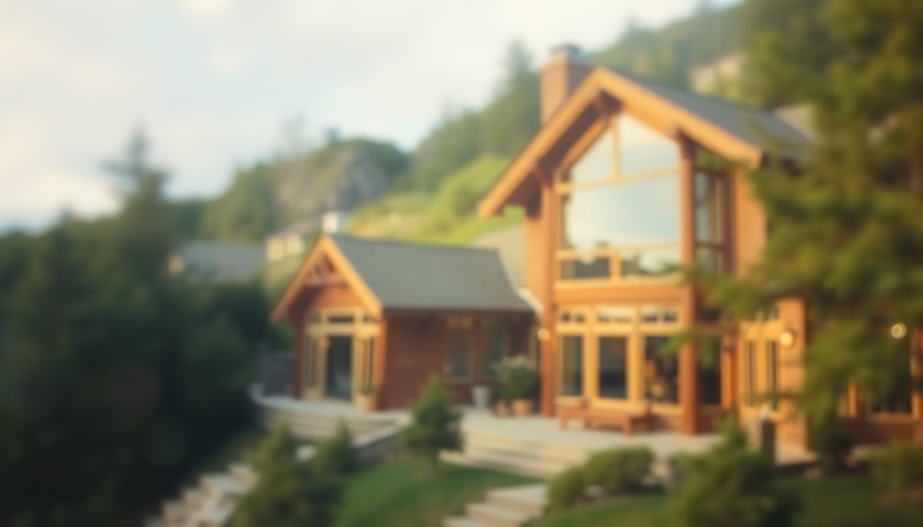 An impressionistic, out-of-focus scene of a luxury home nestled in a lush, green landscape, with the architecture and natural elements blending together in a soft, warm-toned composition.
