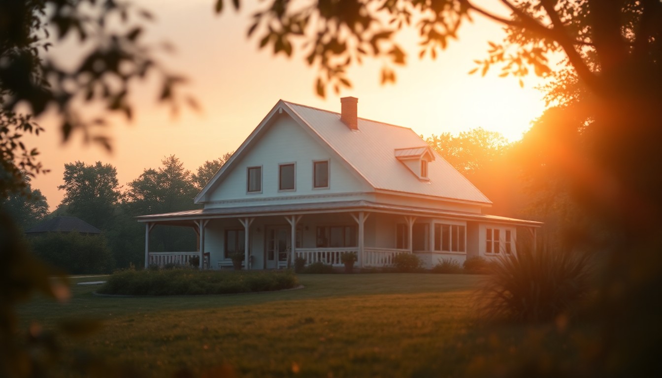 An extremely abstracted, out-of-focus photograph shot through condensation or rain-streaked glass, composed entirely of a modern farmhouse surrounded by greenery in soft pools of warm color and light.