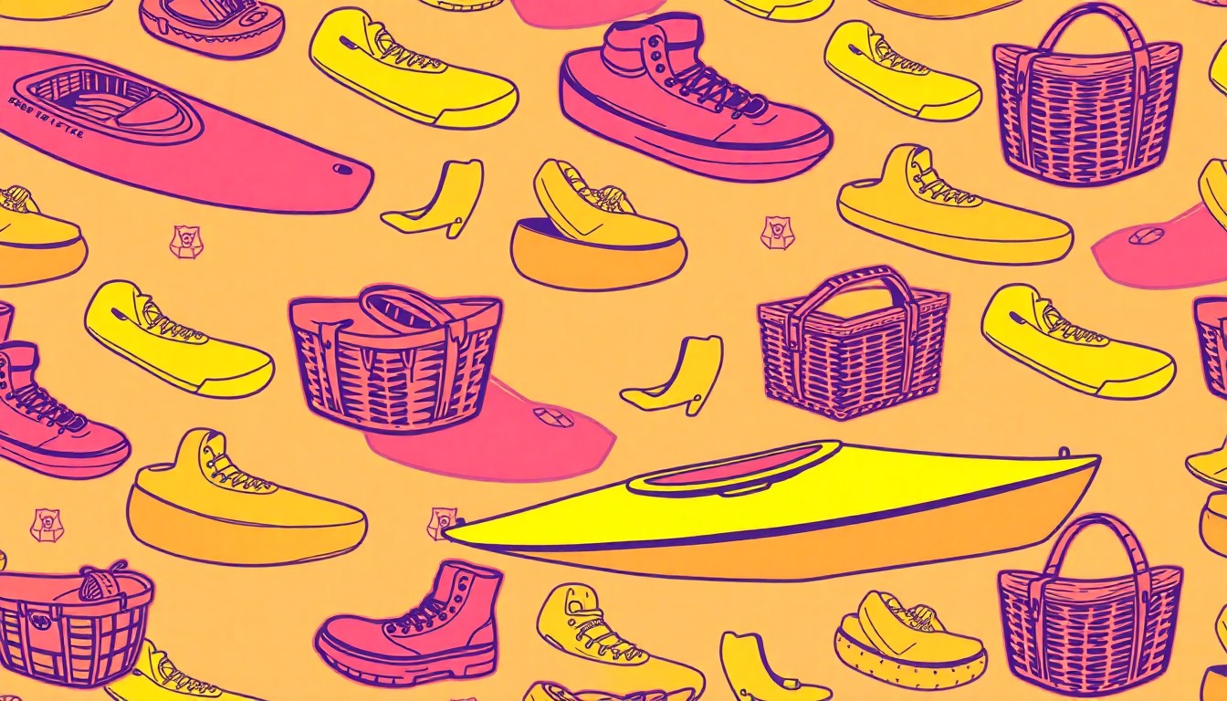 A brightly colored, high-contrast silkscreen print of a kayak repeated in a tight grid pattern, utilizing flat, vibrant neon color palettes overlapping with heavy black photographic outlines to turn the everyday outdoor recreation item into modern pop art.