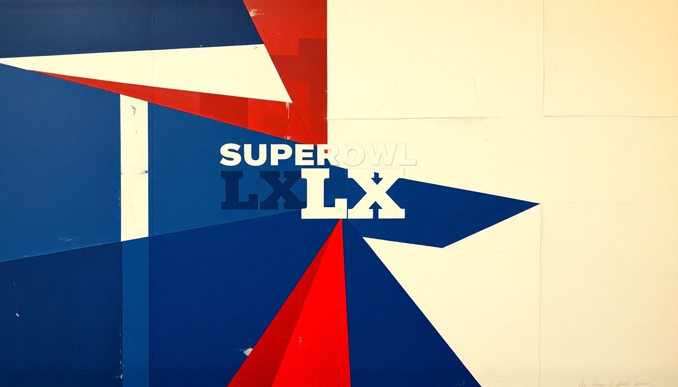 A cubist, geometric painting depicting the Super Bowl LX matchup in a fractured, multi-perspective style, using sharp planes of navy blue, red, and white to conceptually represent the debate over Tom Brady's stance.