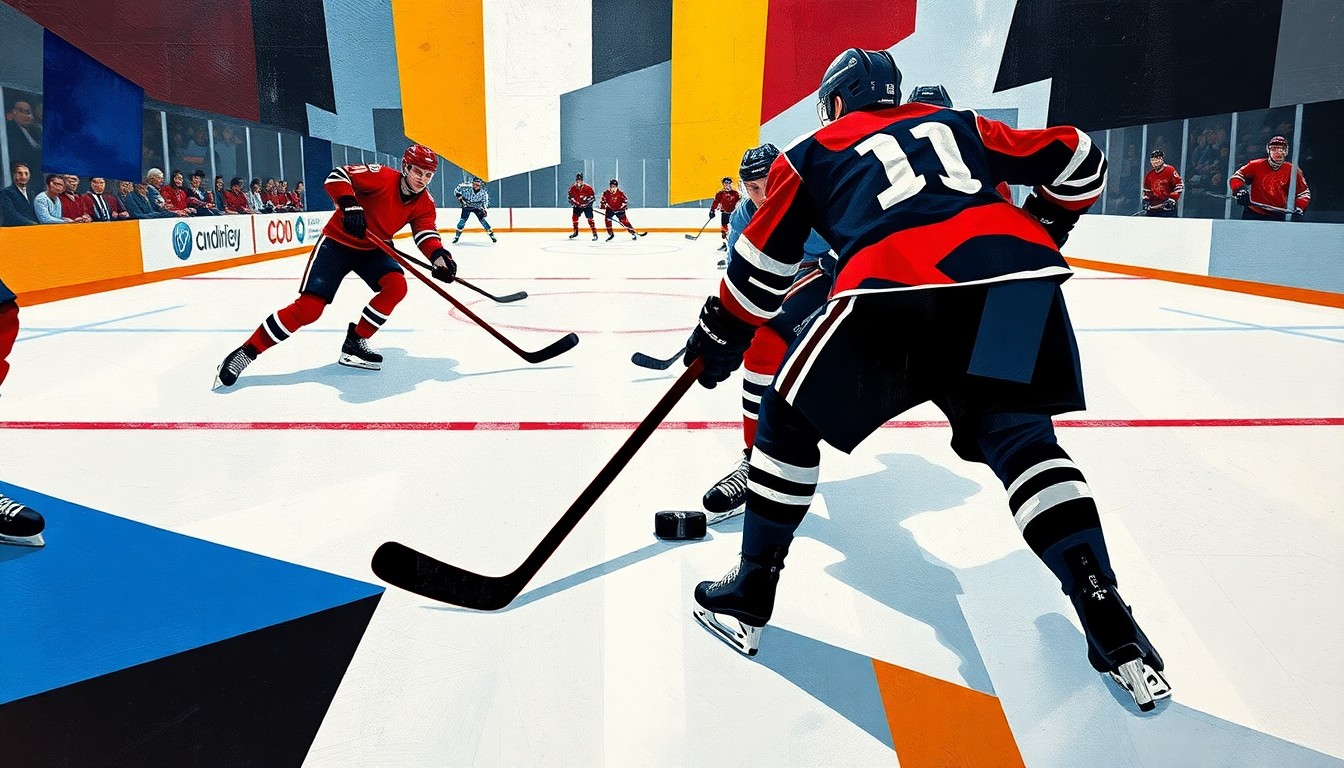 A fractured, cubist-style painting depicting the action of a hockey game, with the puck as the central focus surrounded by the overlapping geometric shapes of the ice, players' bodies, and hockey sticks.