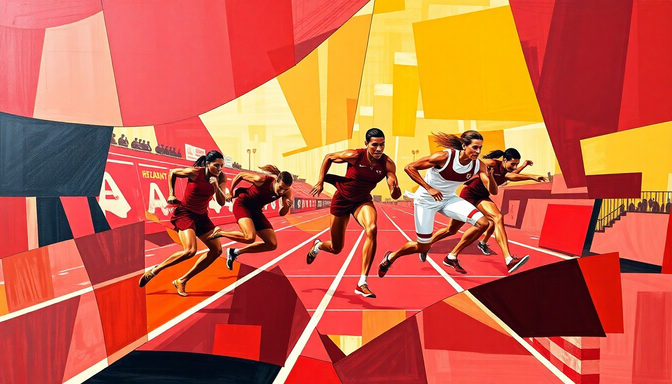 A cubist, geometric painting depicting a track and field competition, with overlapping planes of maroon, gold, and white representing the West Texas A&M team colors and the dynamic motion of the athletes.