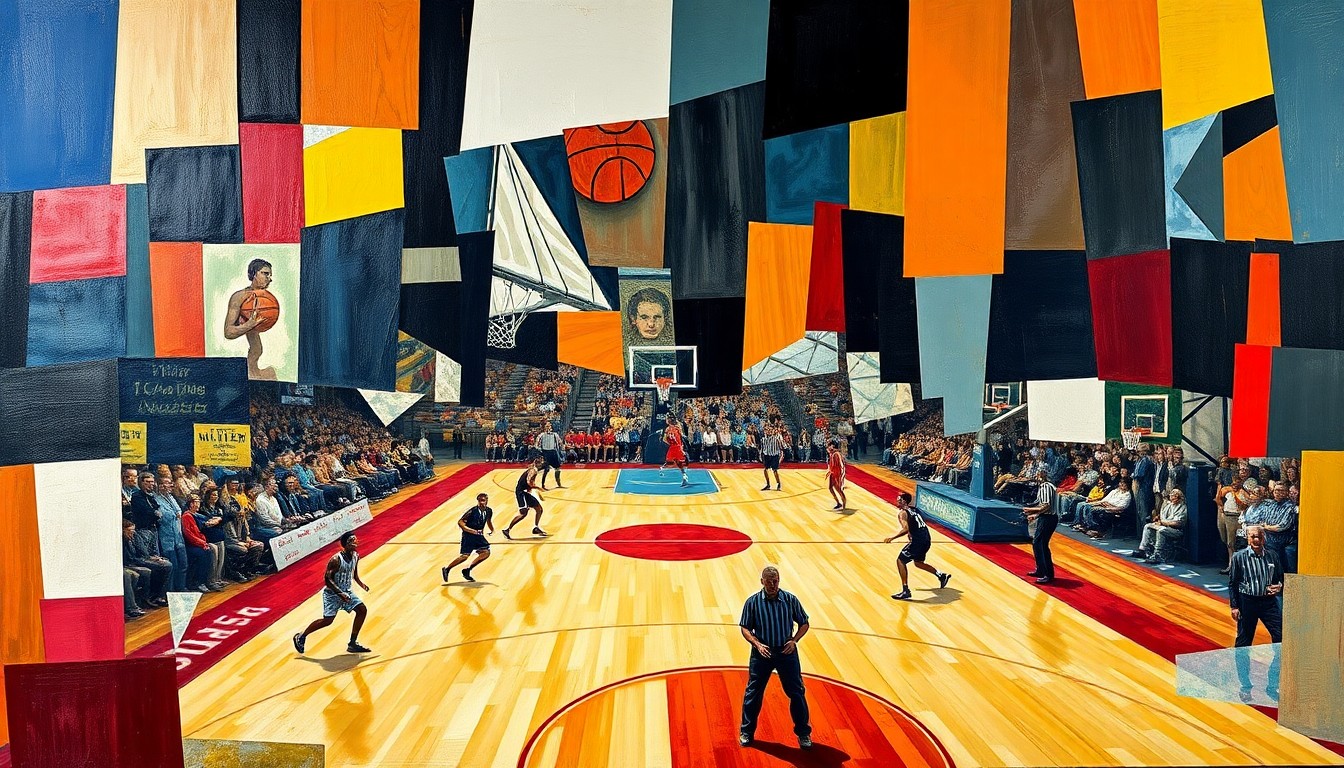 A fractured, multi-perspective painting in vibrant colors, breaking down a basketball game or match into sharp, overlapping geometric planes to capture the raw energy and intensity of the sport.