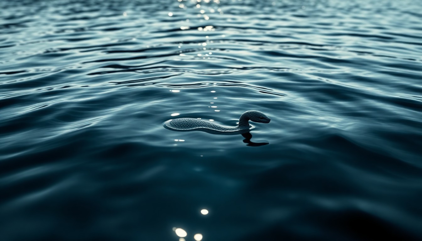 An abstract, high-contrast close-up photograph of the shimmering, glassy surface of Loch Ness, hinting at the presence of a mysterious, serpentine shape beneath the water's surface.