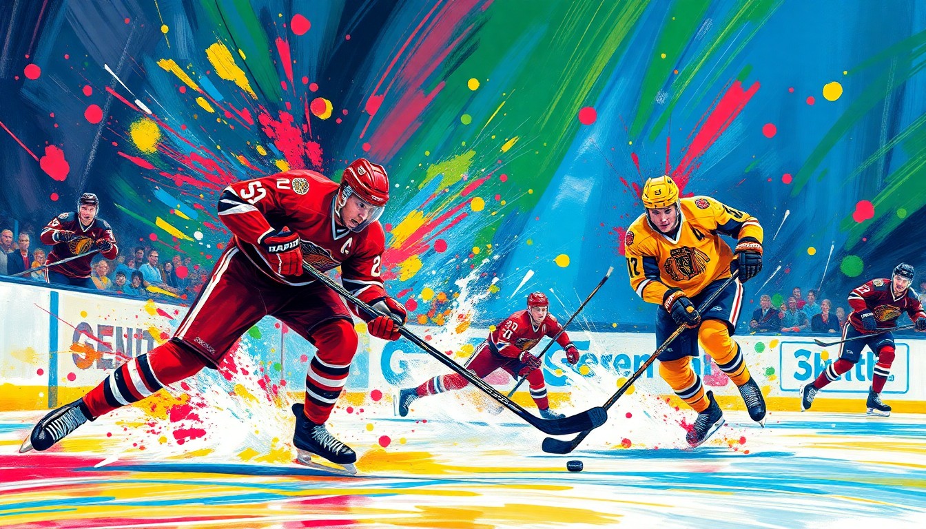 An abstract, expressionist painting in vibrant neon colors capturing the dynamic energy and scoring action of a hockey game, with players' faces and logos blending into a chaotic, energetic composition.