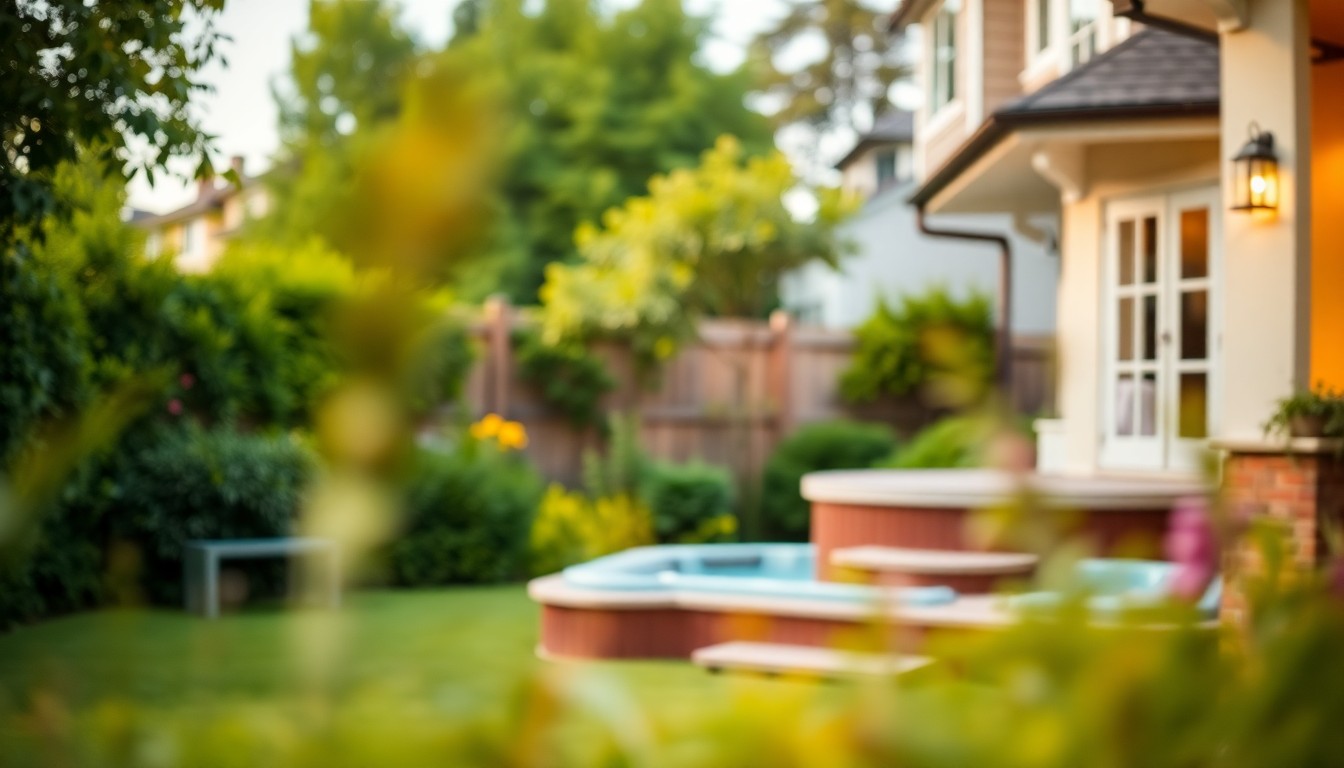 An extremely abstracted, out-of-focus photograph of a lush, green garden with a hot tub in the background, capturing the peaceful and relaxing atmosphere of the property.