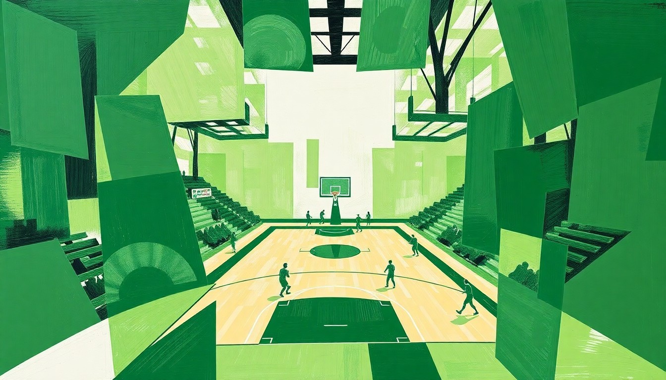 A fragmented, geometric painting in shades of green and white, depicting the dynamic action of a high school basketball game through Picasso-esque overlapping planes and angles, conveying the excitement and community spirit surrounding local sports.