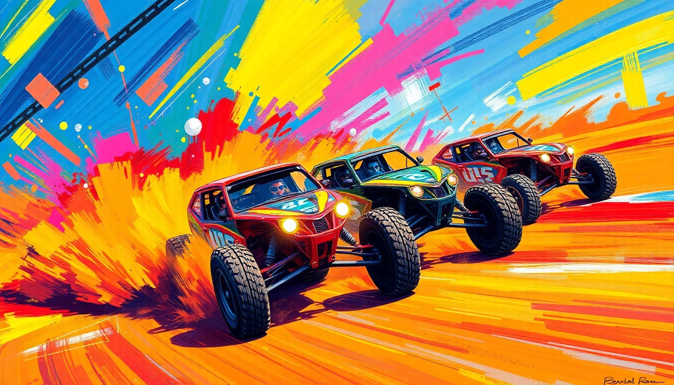 An abstract, energetic painting featuring bold, neon-colored brushstrokes that convey the raw power and speed of off-road racing vehicles in motion.