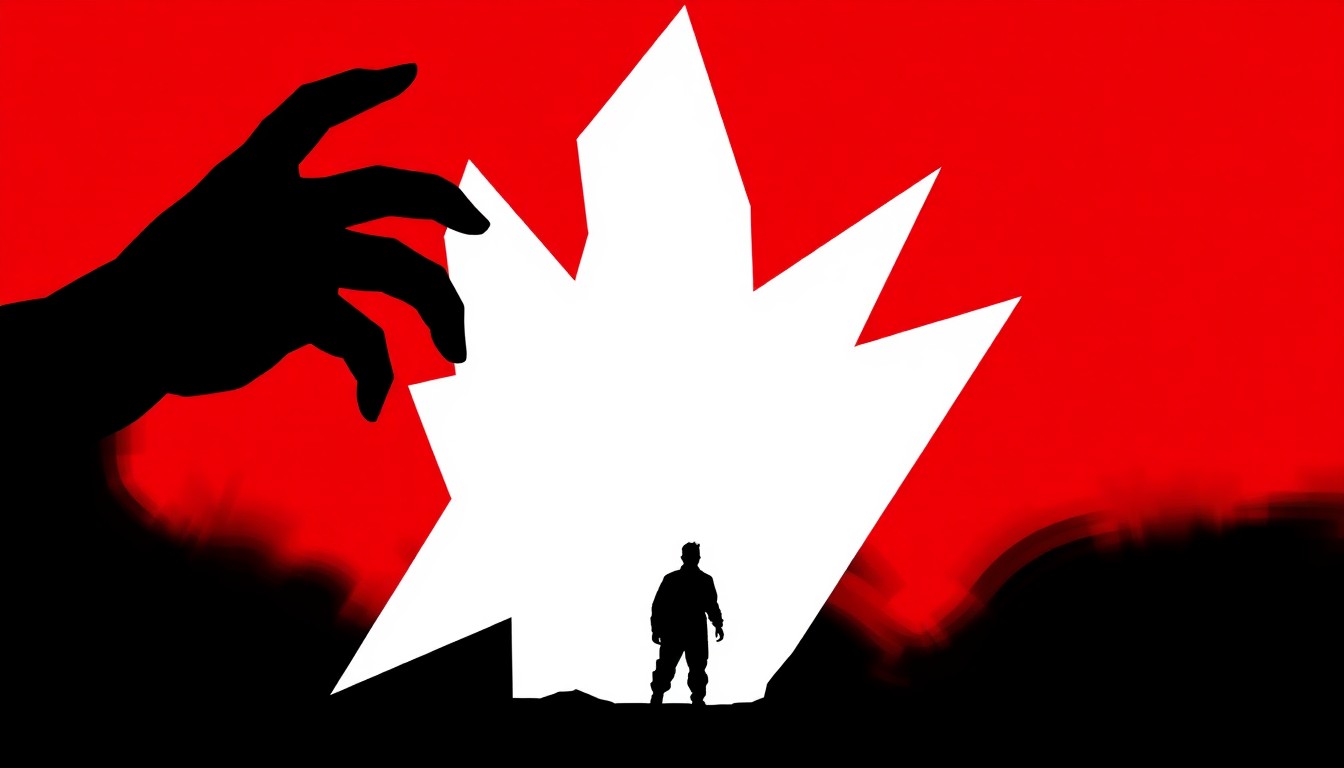 A striking abstract composition featuring jagged black silhouettes and bold splashes of red and white, conceptually representing the return of the iconic horror character Leslie Vernon.