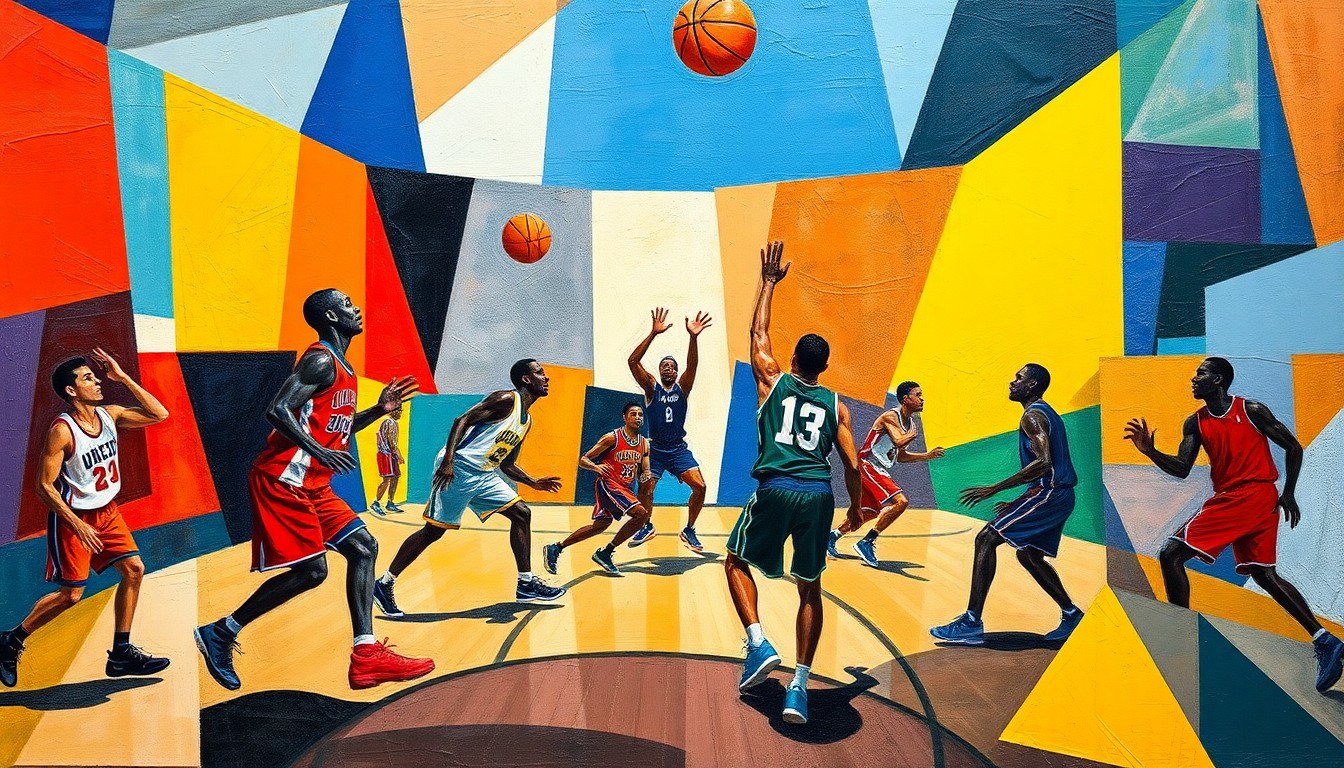 A cubist-style painting featuring abstracted, angular forms in bright colors representing the players and action of a basketball game, conveying the energy and intensity of the matchup.