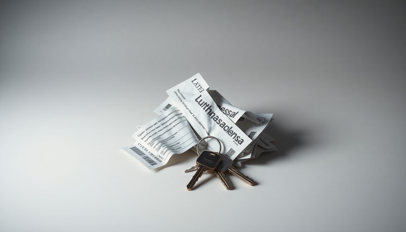 A high-end, photorealistic studio still-life photograph featuring a pile of crumpled airline tickets and a set of keys on a clean, monochromatic background, conveying the disruption and uncertainty caused by the Lufthansa strike through sharp, dramatic lighting and minimalist symbolism.