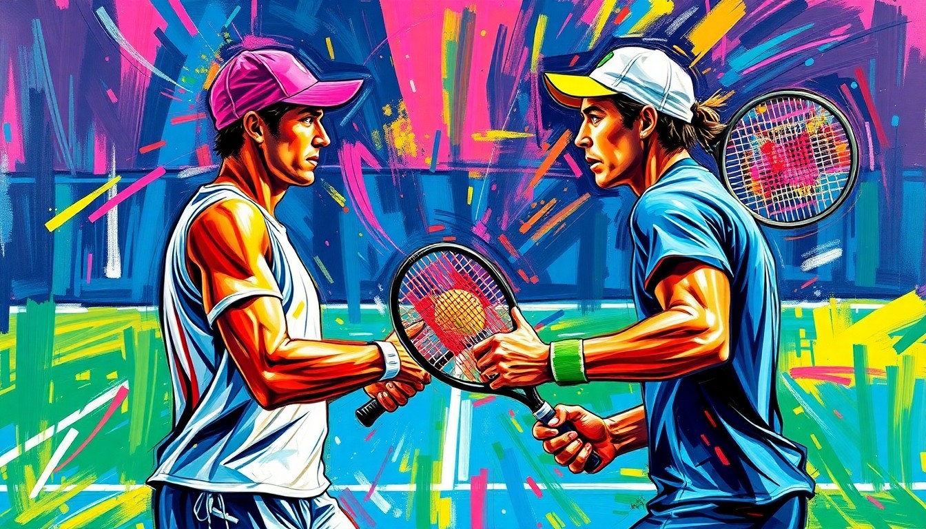 An extreme close-up of two tennis players' rackets colliding in a blur of neon-colored paint strokes, capturing the raw energy and competitive spirit of their high-stakes matchup.
