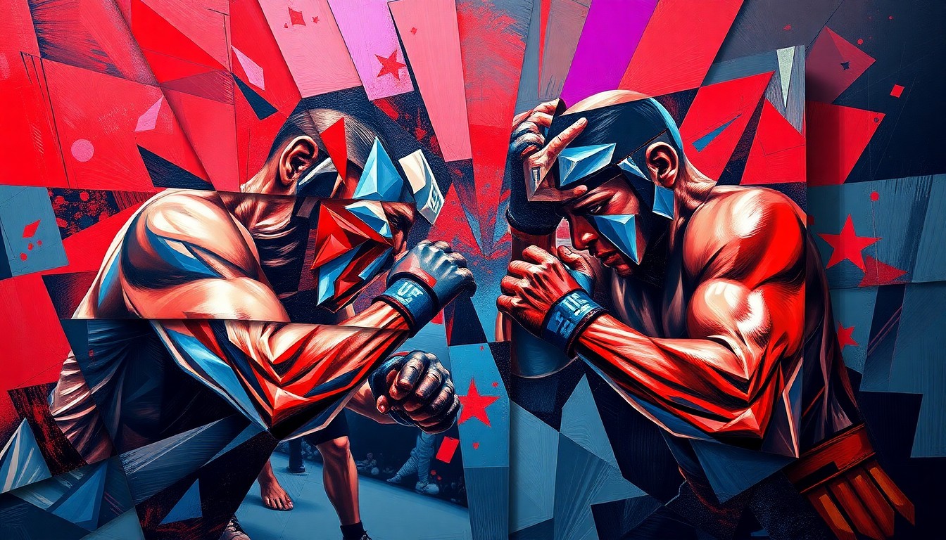 A fractured, multi-perspective painting in bold, vibrant colors depicting the dynamic movements and emotions of a UFC fighter, conceptually representing the uncertainty surrounding Jon Jones' future.