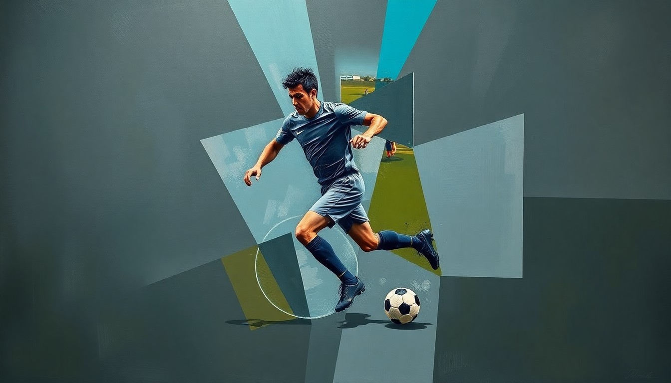 A cubist, geometric painting depicting a soccer player in mid-stride, their body and movement broken down into sharp, overlapping planes of dark grey, sky blue, and olive green, conveying the investigative and analytical nature of the story.