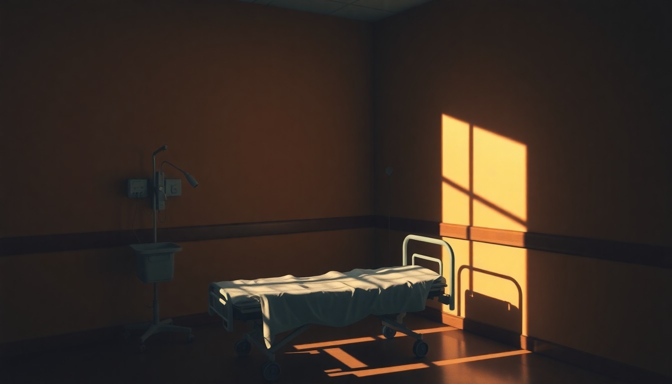 A serene, dimly lit painting of an empty hospital bed, its metal frame and crisp white sheets casting long shadows across the room, conveying a sense of melancholy and the absence of care.