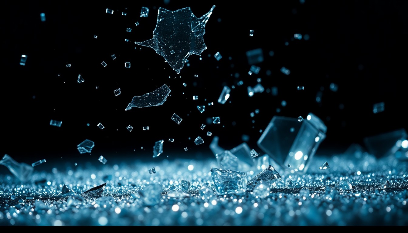 An extreme, abstract close-up photograph of shattered glass and glittering sequins in dramatic, high-contrast studio lighting, conceptually representing the glamour and high-stakes of the film industry.