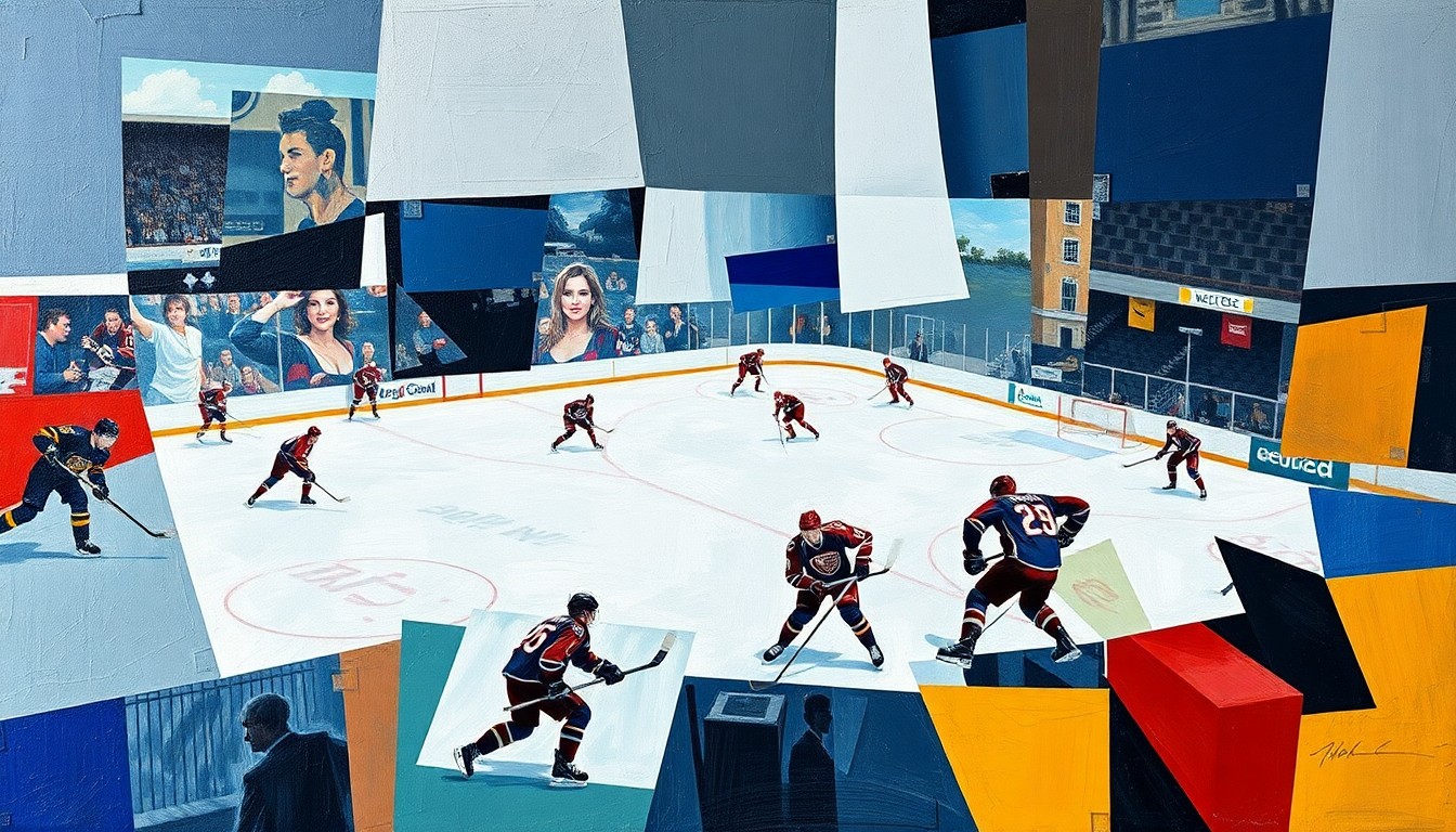 A cubist-style painting depicting a hockey game broken down into sharp, overlapping geometric shapes and planes of color, capturing the dynamic energy and strategic nature of the Lightning's roster decisions.
