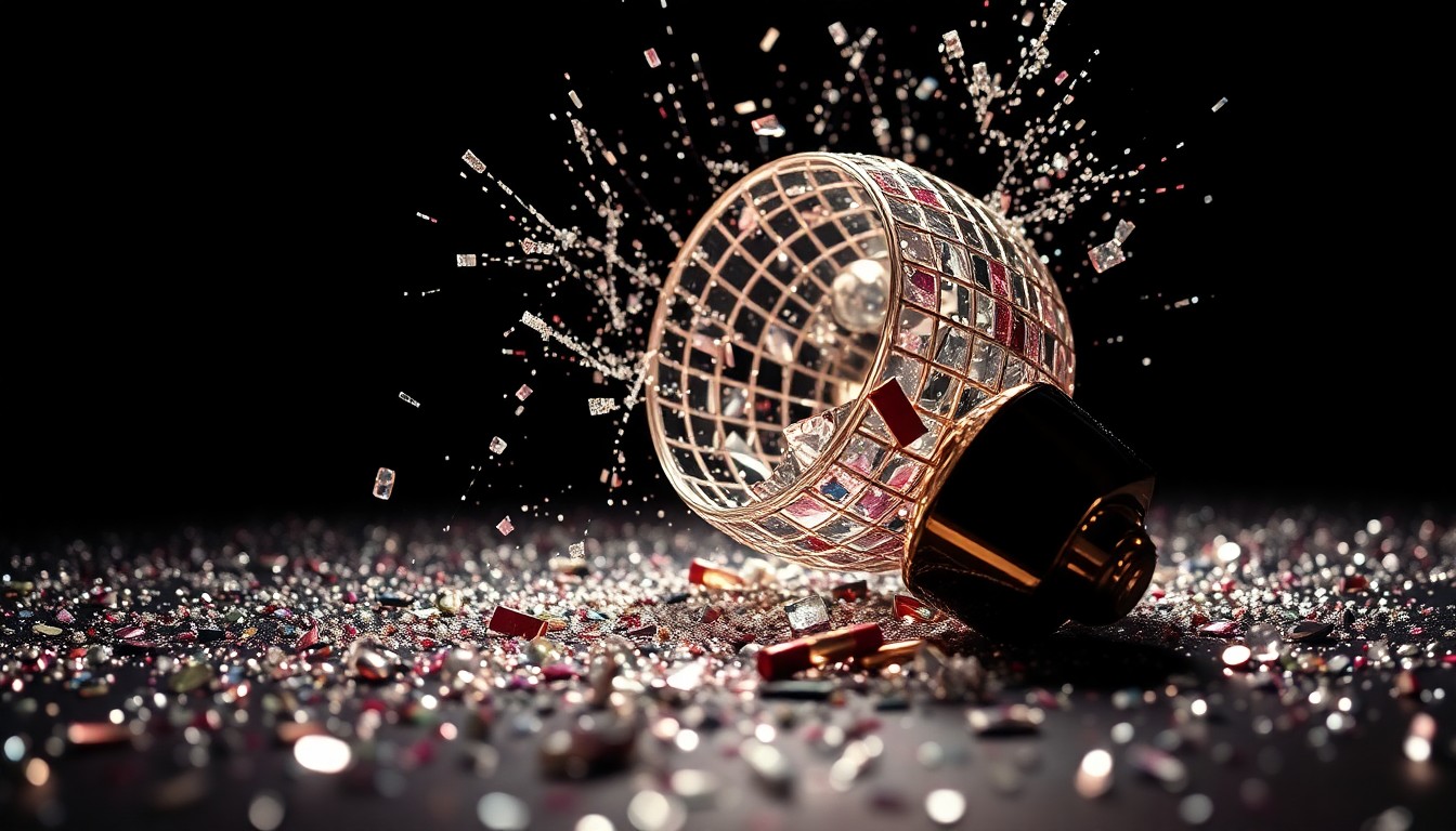 An extreme close-up of glittering sequins and shattered disco glass, reflecting the glamour and energy of the final season of the HBO Max comedy series Hacks.