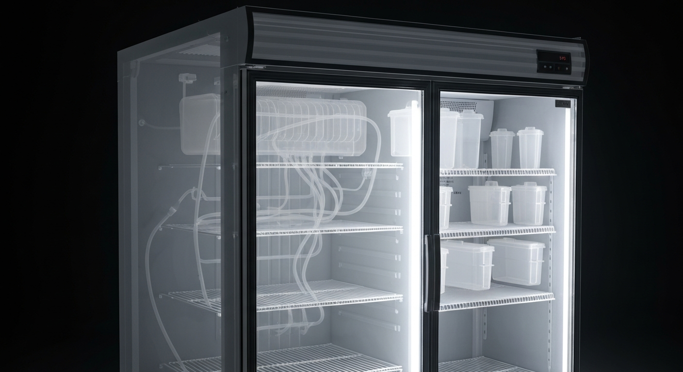 A ghostly, translucent X-ray photograph of the internal components of a commercial refrigerator unit, with its shelves, coils, and other parts visible as glowing, ethereal lines against a dark background, conceptually illustrating the importance of food safety inspections.
