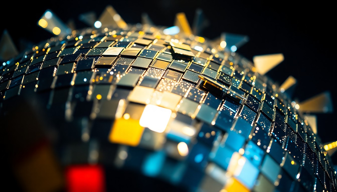 An extreme close-up of shattered disco ball shards reflecting dramatic beams of light, creating a glittering, high-contrast abstract texture that evokes the celebratory, whimsical energy of Kid Cudi's new podcast.
