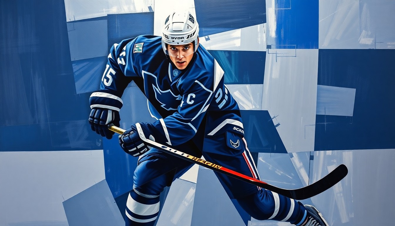 A fractured, geometric painting depicting a hockey player in mid-action, with sharp planes of navy, royal blue, and silver overlapping to create a sense of motion and energy.