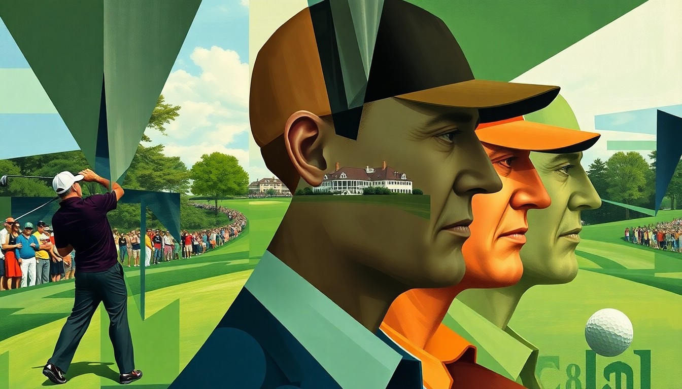 A cubist, geometric painting depicting a fractured, multi-perspective scene of a golf tournament, with the players' forms broken down into abstract shapes and the iconic Augusta National clubhouse visible in the background.