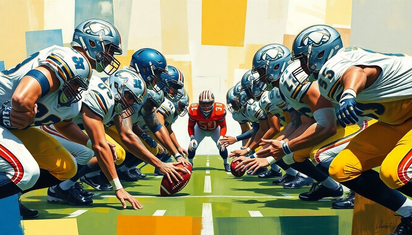 A cubist, geometric painting depicting the fragmented and overlapping elements of a football offensive line, capturing the dynamic and evolving nature of the Kansas City Chiefs' roster changes.