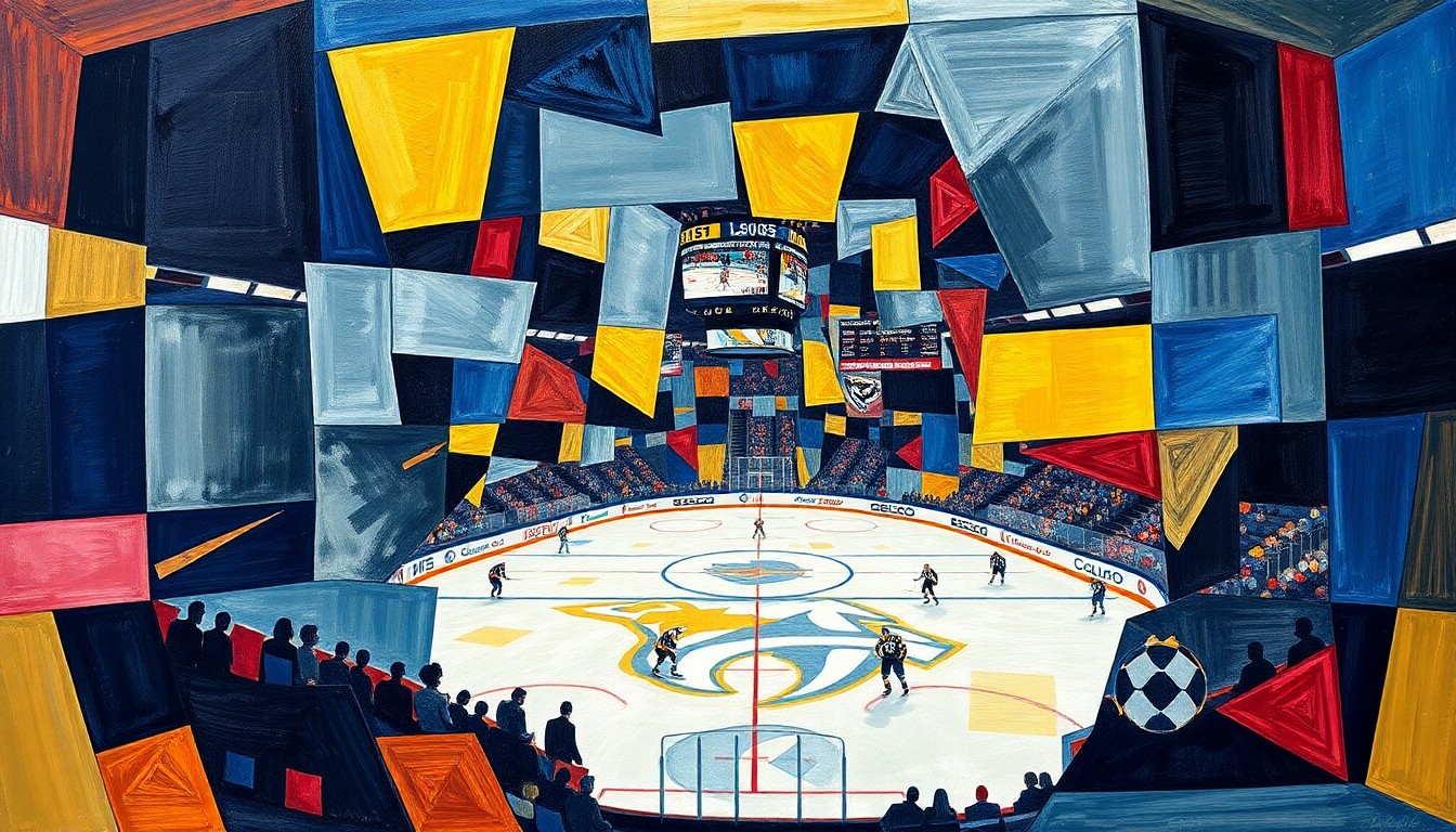 A cubist-style painting featuring overlapping geometric shapes and planes in shades of blue, gold, and red, representing the dynamic action and shifting momentum of a hockey game between two teams.