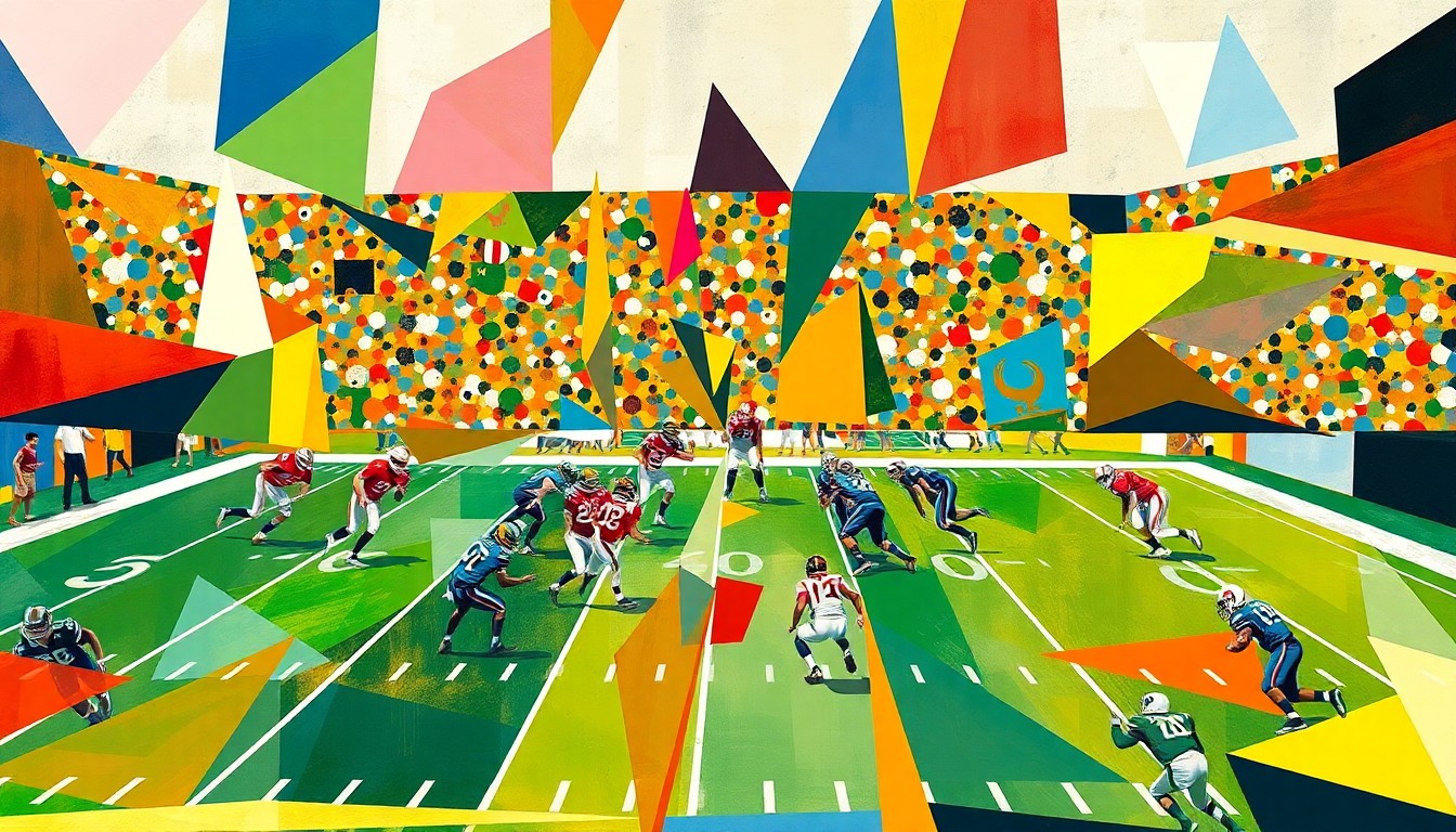 A cubist, geometric painting depicting an abstracted college football game, with players and the field broken down into sharp, overlapping shapes in vibrant colors.