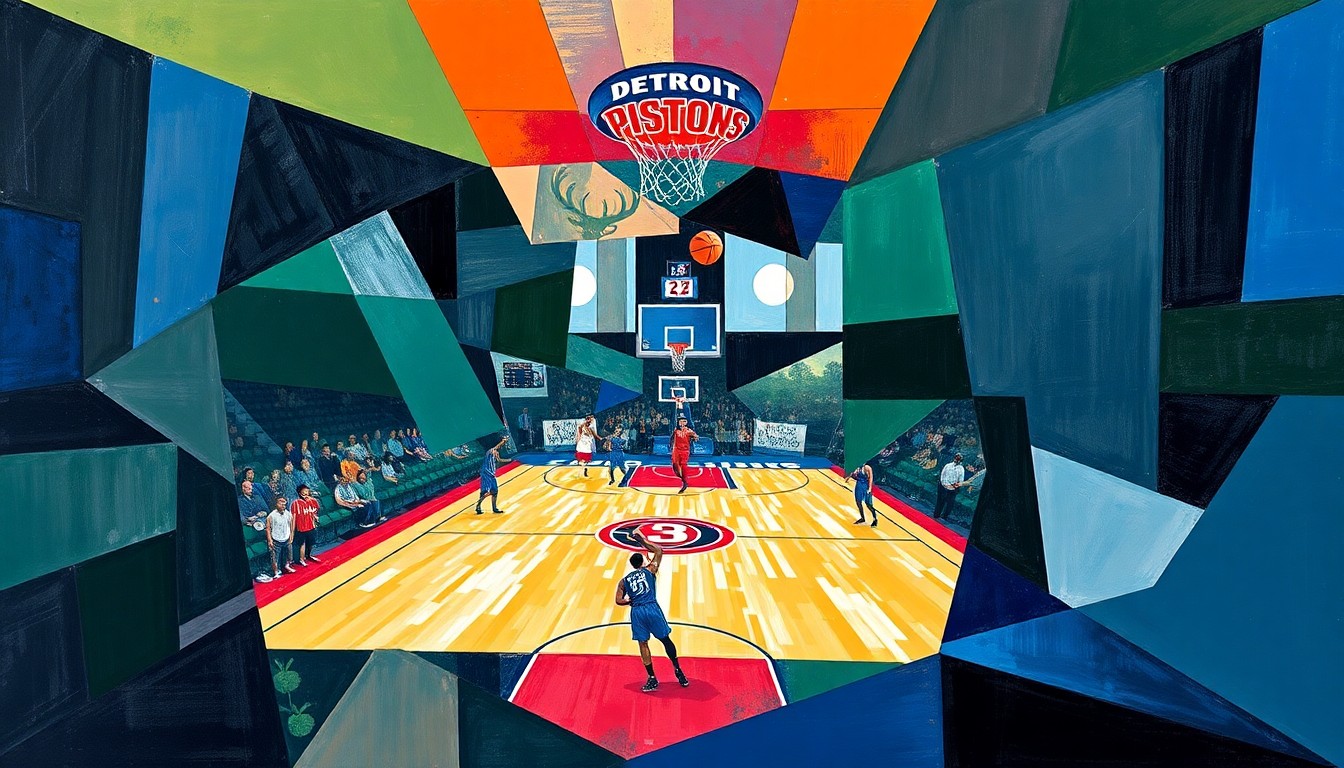 A cubist, geometric painting depicting a basketball game, with players and the court broken down into overlapping, angular shapes and planes in a vibrant color palette.