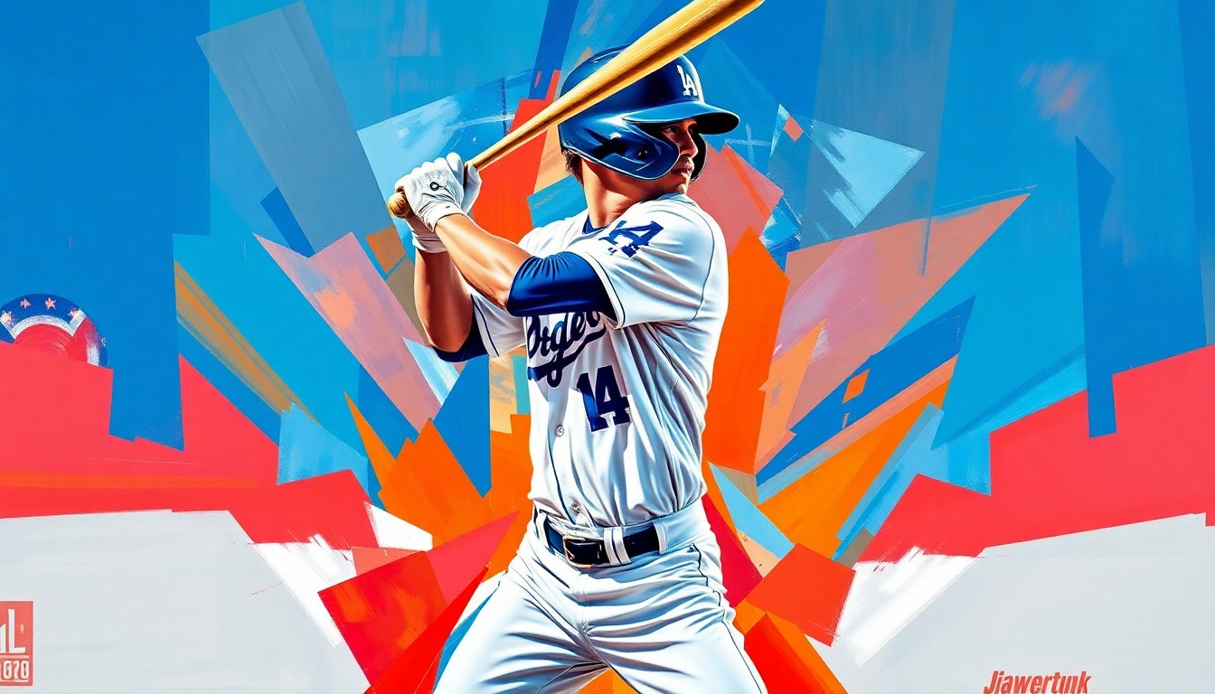 A fractured, multi-perspective painting depicting Shohei Ohtani's batting stance and swing broken down into sharp, overlapping geometric planes in vibrant colors, conceptually representing his disciplined approach at the plate.