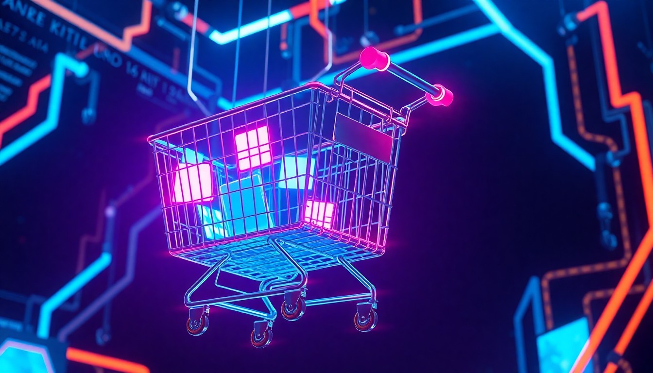 A highly detailed, glowing 3D illustration of a futuristic, neon-lit shopping cart with holographic product displays and pulsing data streams, suspended in a dark, cyberpunk-inspired environment, conceptually representing the evolving relationship between AI and retail.