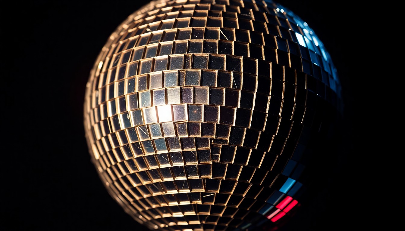 An extreme close-up photograph of a cracked, glittering disco ball, capturing the high-contrast textures and dramatic lighting to create a conceptual representation of the fragility and complexity of celebrity culture.