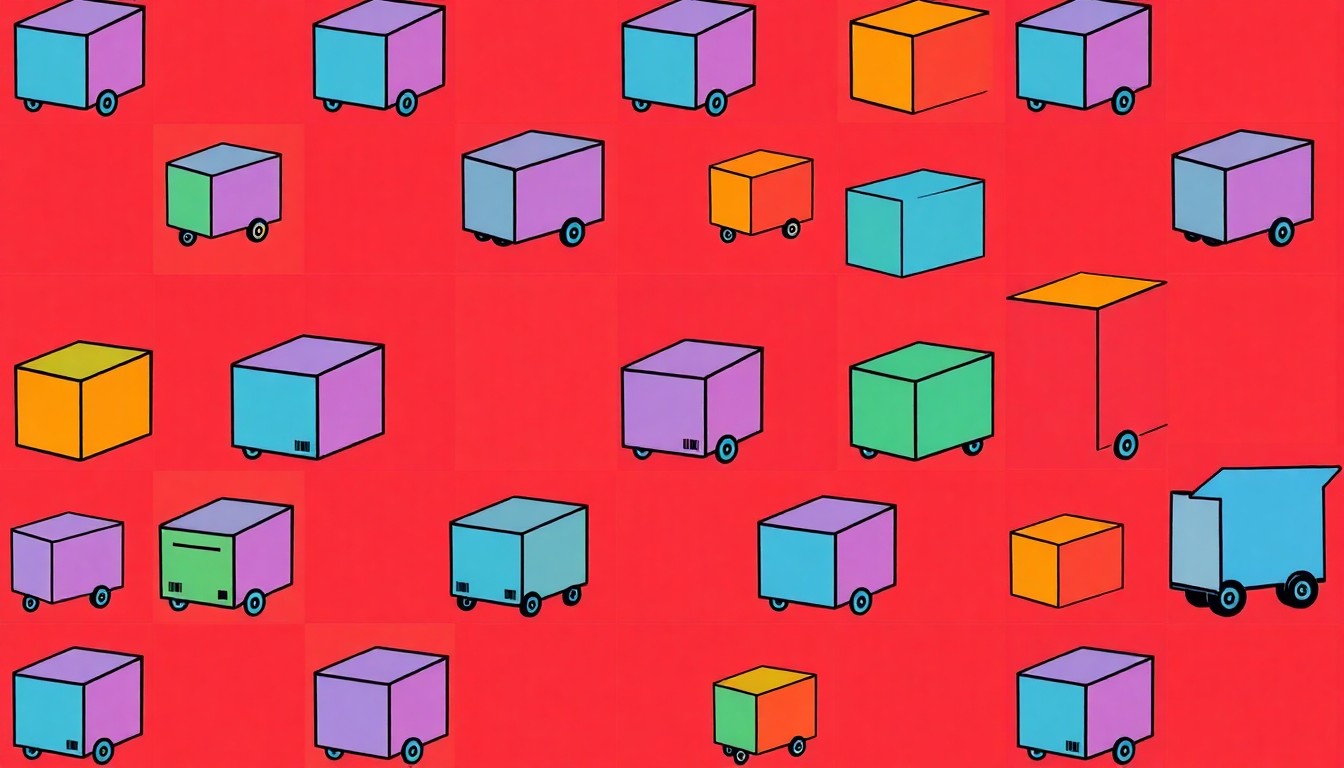 A bold, colorful silkscreen-style illustration featuring a repeating grid of stylized moving boxes in vibrant neon hues, capturing the essence of the nationwide migration trends reported.