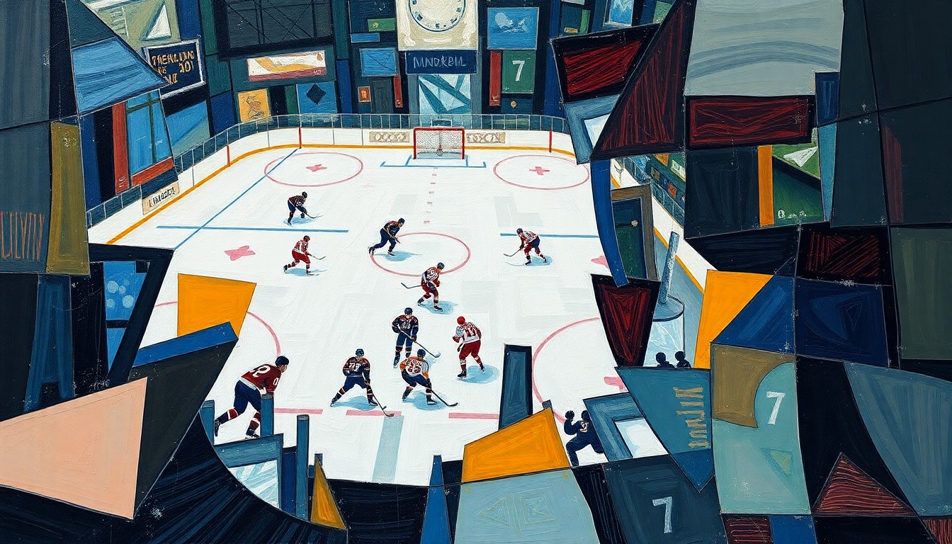A cubist-style painting depicting a hockey game, with the players and ice rink broken down into sharp, overlapping geometric shapes and planes in vibrant colors, conveying the dynamic and competitive nature of the matchup.