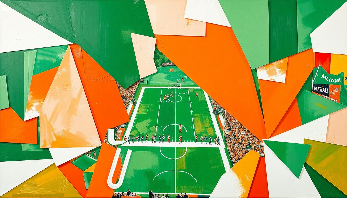 A cubist, geometric painting depicting a Miami Hurricanes football game, with sharp, overlapping planes of bright orange, green, and white representing the dynamic action on the field.
