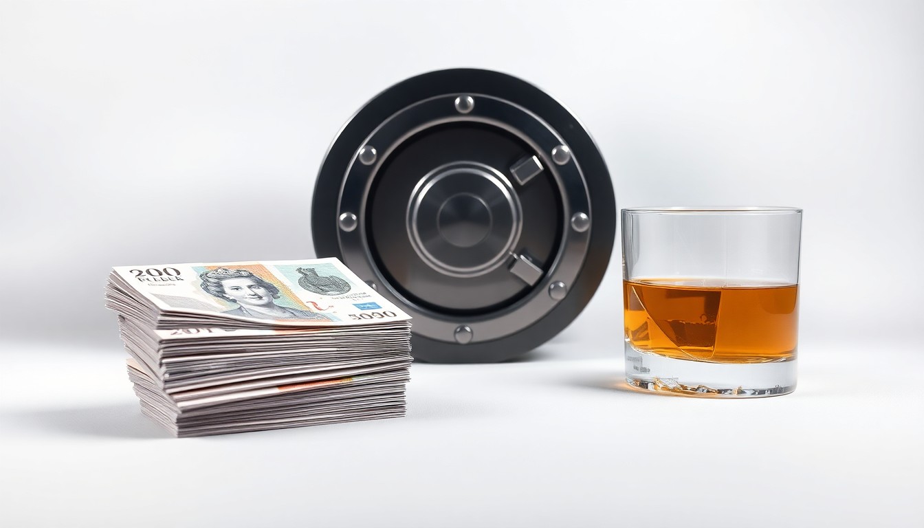 A photorealistic studio still-life photograph featuring a stack of British pound sterling banknotes, a metal bank vault door, and a glass of whiskey, arranged elegantly on a clean, monochromatic background, conceptually representing the abstract themes of finance, risk, and corporate strategy.