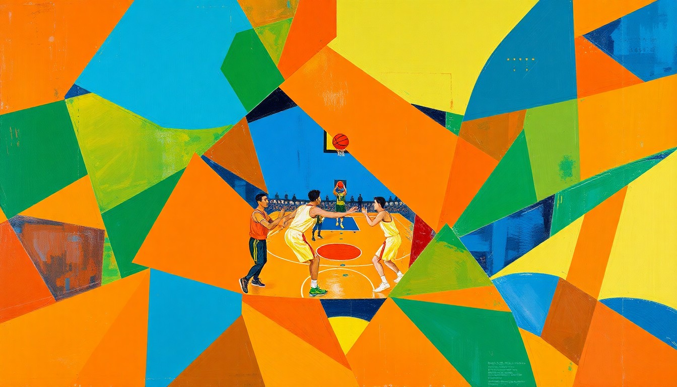 A cubist, geometric painting depicting a fragmented basketball game, with sharp, overlapping planes of color representing the complex issues surrounding the NBA's 65-game rule.